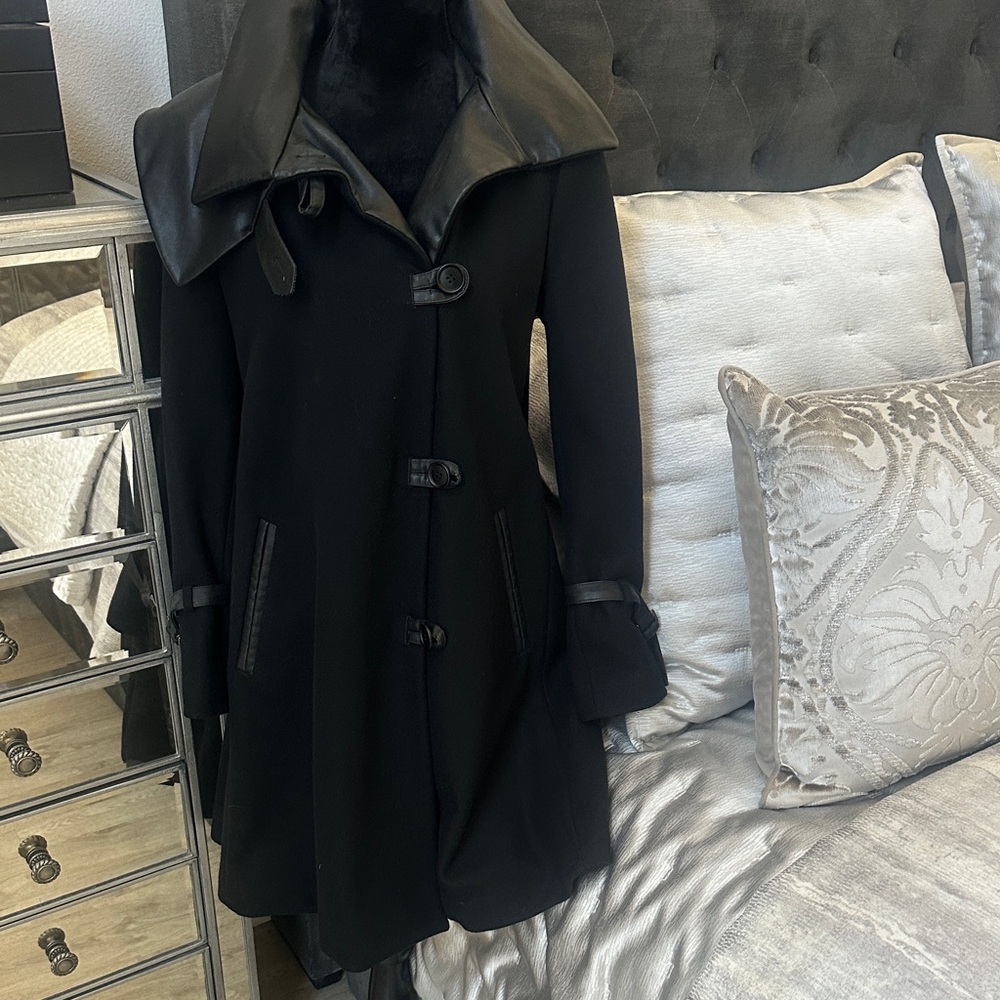 EMPORIO ARMANI Black Wool and Leather Swing Coat